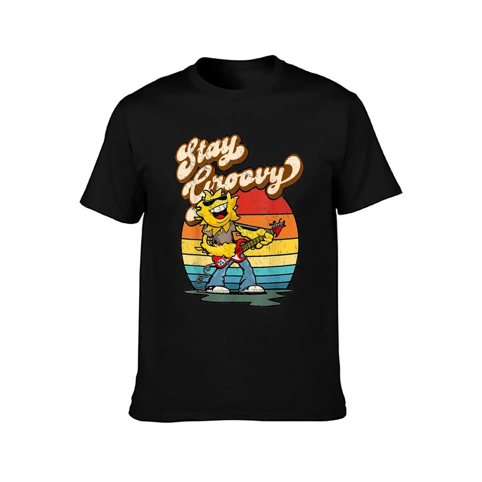 Retro Stay Groovy Vintage Classic Rock Guitar Playing Sun T-Shirt, Summer Casual Cotton Tee, Oversized Streetwear Tops