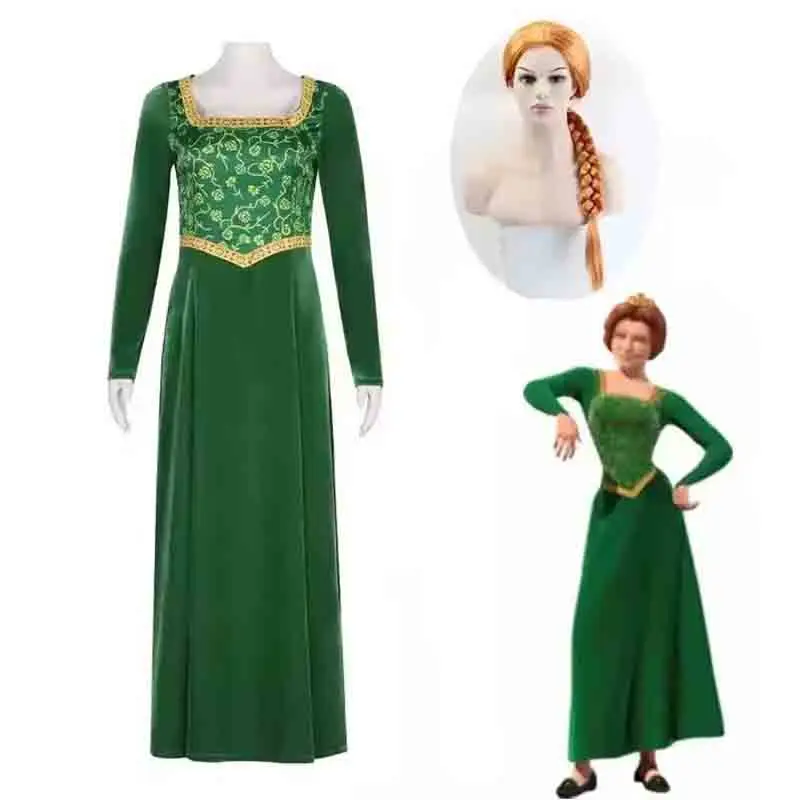

Princess Fiona Cosplay Costume Anime Shrek Wife Green Fiona Cos Dress Wigs Outfit ForLadies Women Long Dress Halloween Headgear