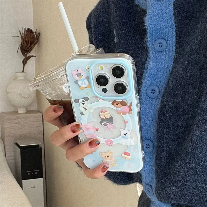 Kawaii Magnetic Stand Phone Case For iPhone 16 15 Pro 13 14 Pro Max Cover with Magsafe Card Holder Cases Cute Puppy Funda 16pro
