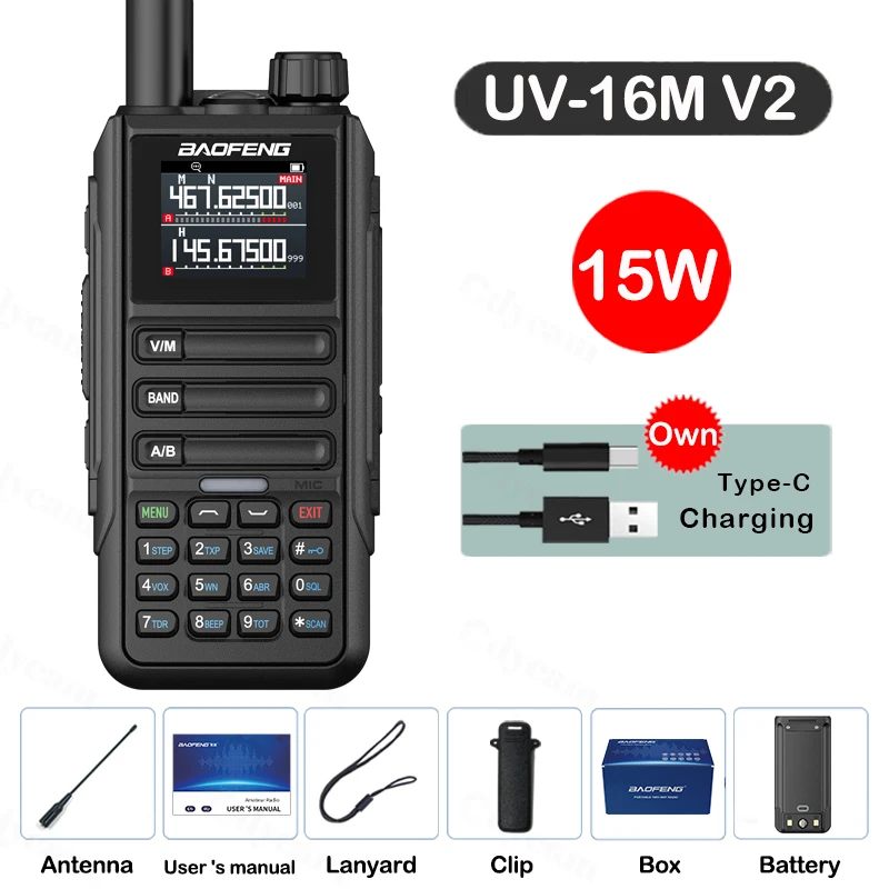 Upgrade Baofeng UV16M V2 Walkie Talkie 15W Hoge capaciteit AM FM 2-weg radio Volledige band LCD 999CH Frequentie Kopie NOAA Ruisonderdrukking