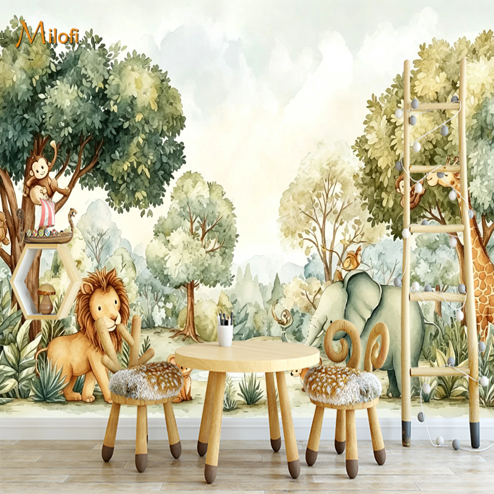 Custom Watercolor Jungle Animal Wallpaper Mural, Lion Elephant Giraffe Wall Mural for Kids Bedroom