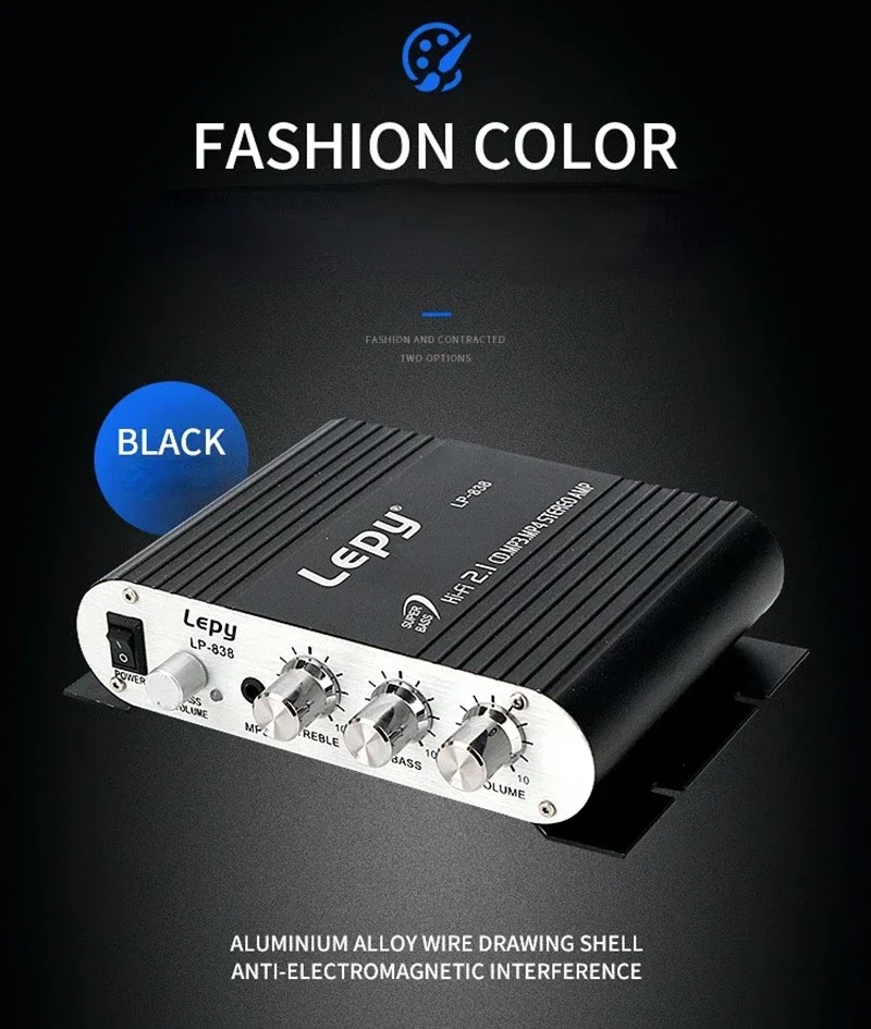 

LEPY838 Mini Audio HiFi Bluetooth 5.0 Power Class D Amplifier Tpa3116 Digital Amp 50W*2 Home Audio Car Marine USB/AUX IN