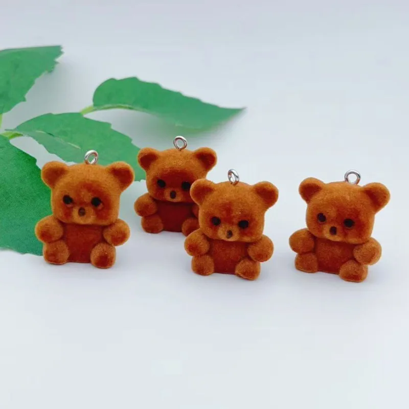 10pcs Cute Sitting brown bear Charms Flocking Resin Animal Doll Pendant For Keychain phone charm DIY Jewelry Accessories Make