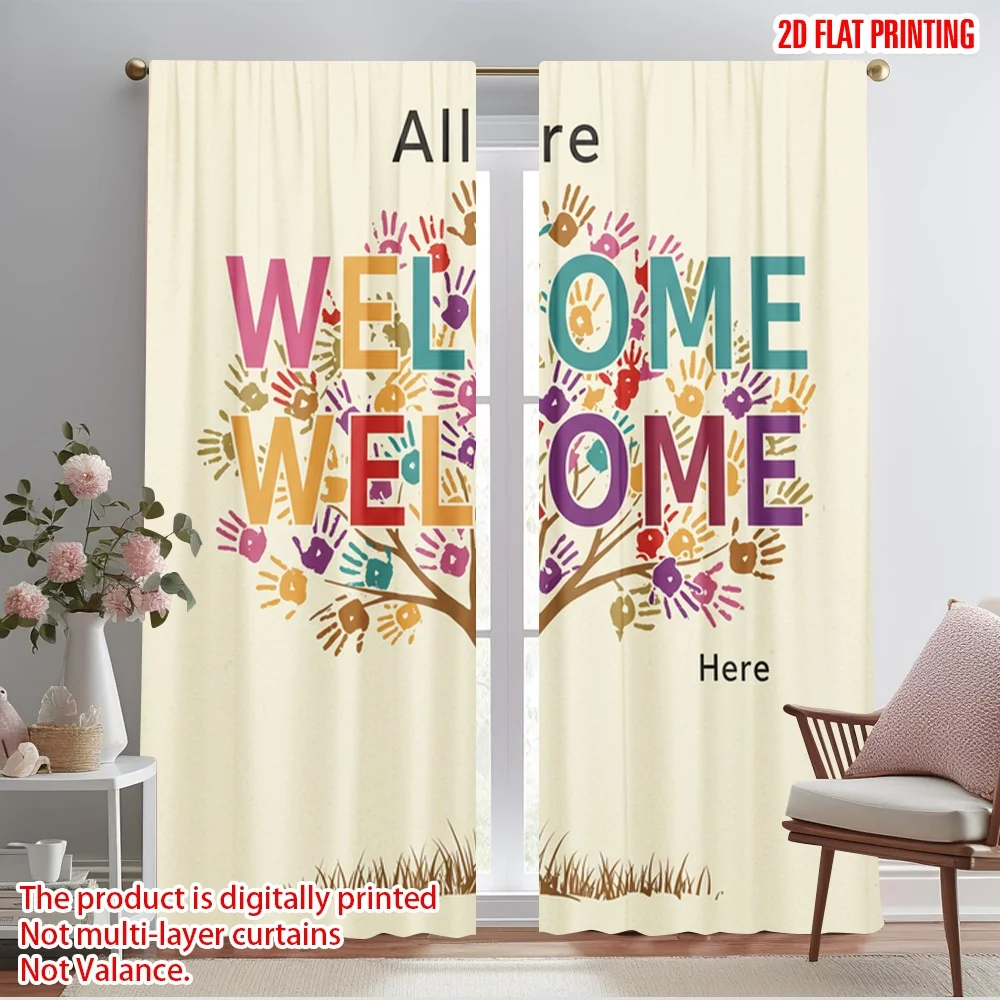 

2pcs 2D flat printing Curtain Diversity Tree of Hands Polyester Without Electricity Birthday Party Perfect for Booths Studio