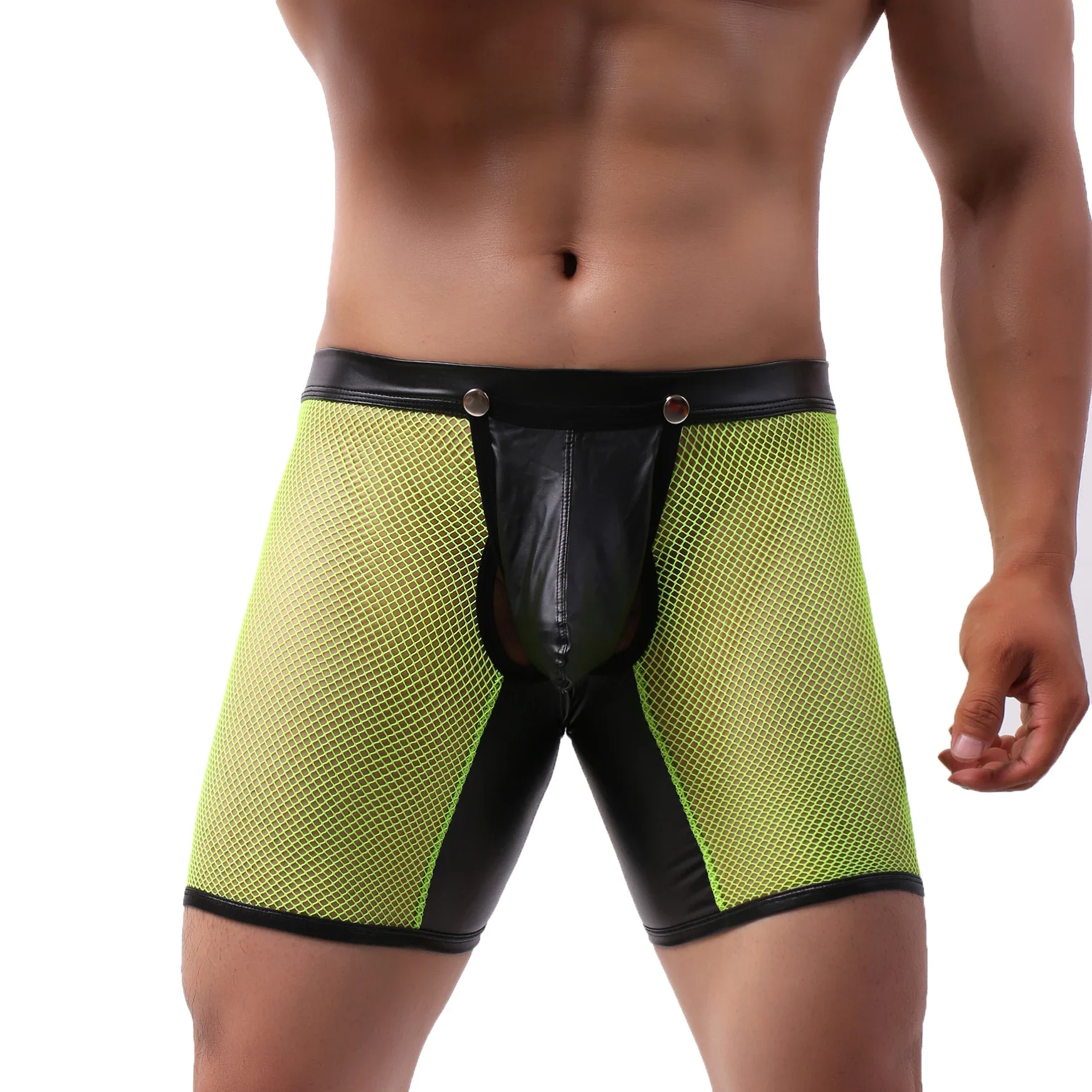 Men's Underwear Shorts Backless Lingerie Sexy Mesh Transparent Breathable Trunks PU Leather Boxers Male Open Crotch Underpants