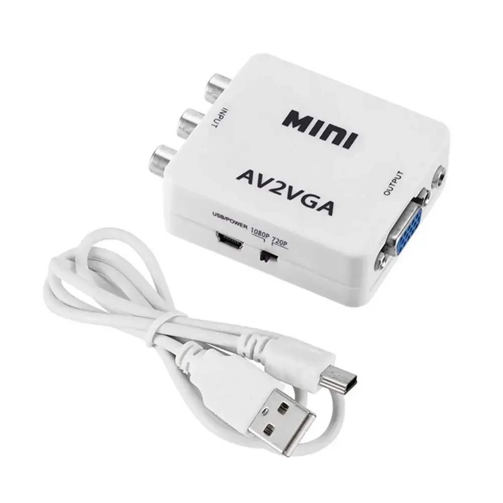 Mini HD AV2VGA Video Digital Converter Box with 3.5mm Audio AV RCA CVBS to VGA Video HDTV Adapter Conversor Box with USB Cable