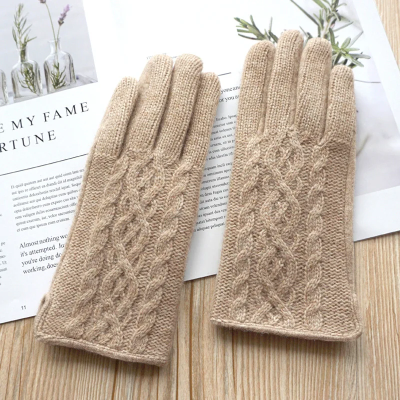 Autumn and Winter Women's Wool Wool Double Layer Fleece-lined Thickened Touch Screen Outdoor Cycling Warm Driving Gloves