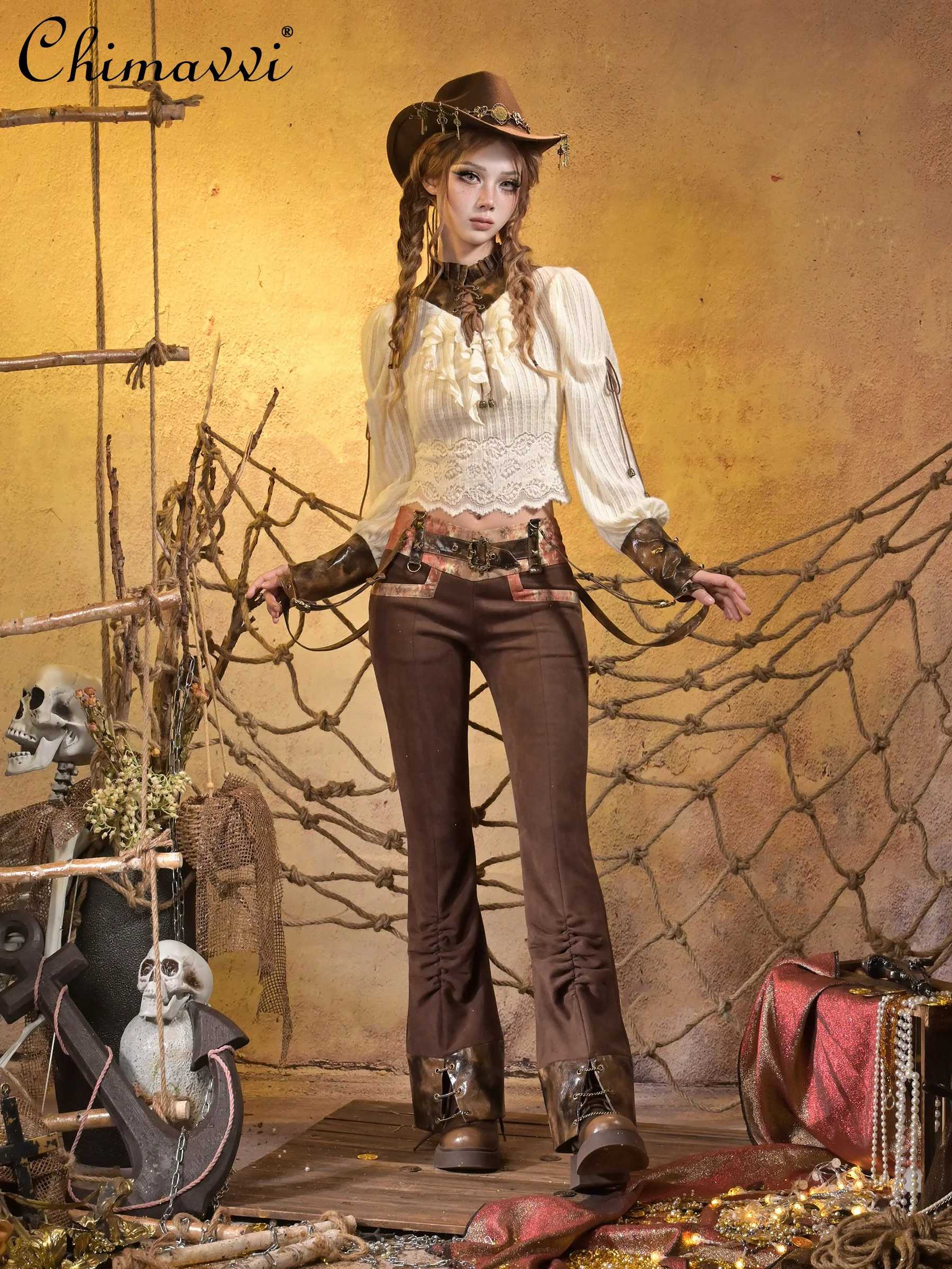 

Original Punk Knitted Leather Patchwork Girl Retro Lace-Up Lace Top Hot Girl Retro Distressed Flared Pant Autumn Lolita Sets