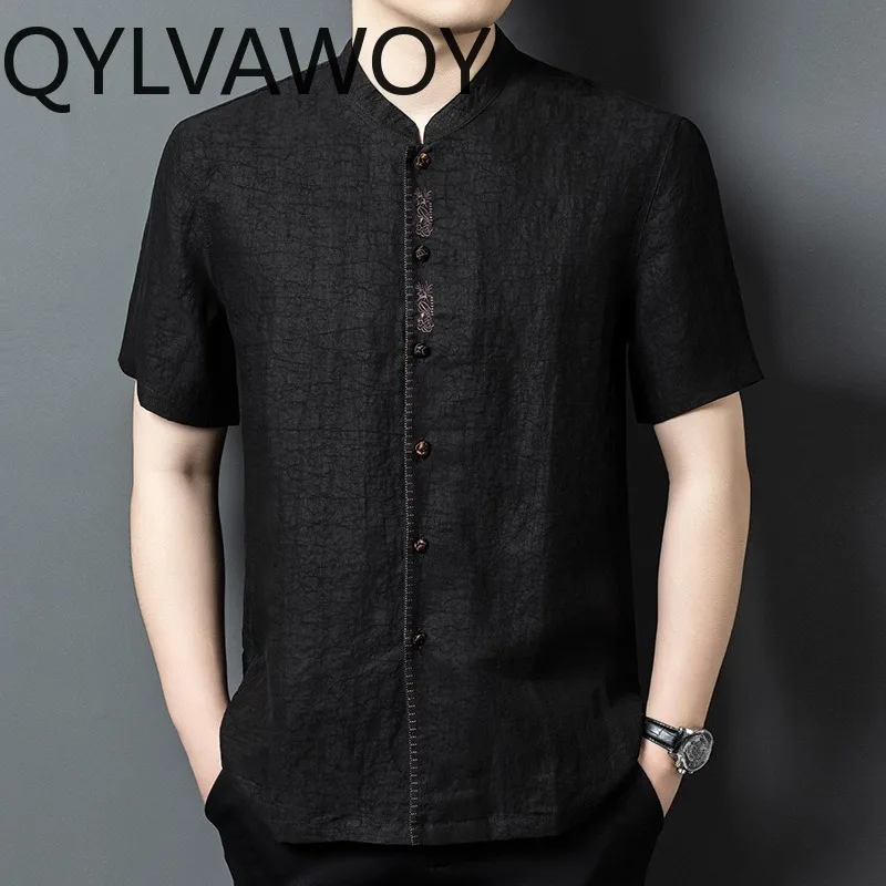 QYLVAWOY 100% Natural Mulberry Silk Men's Shirts Loose Shirt Short Sleeve Shirts for Man Stand Collar Man Clothing Chinese Style