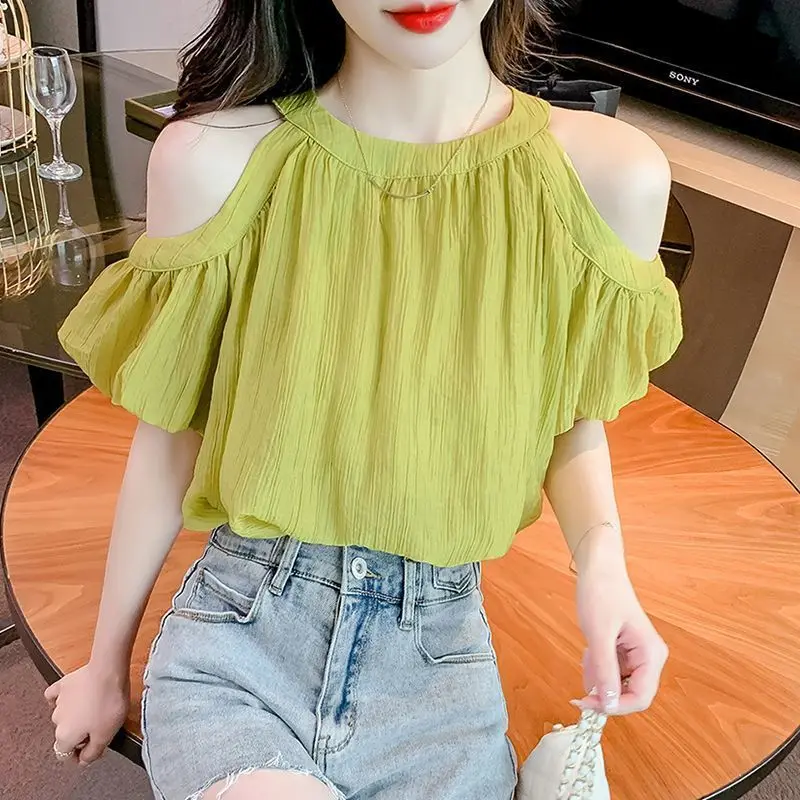 

Women Clothing Summer Korean Fashion Ruffles Solid Color O-neck Off Shoulder Chiffon Femme Fashionable Appear Thin Short Sleeve