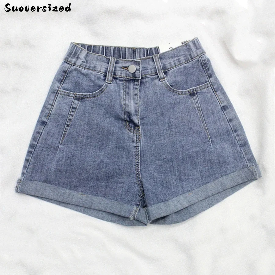 블루 하이 웨이스트 데님 반바지 여성 여름 2023 슬림 와이드 레그 팬츠 오버사이즈 7xl Pantalones Cortos Casual Vintage Vaqueros Short 