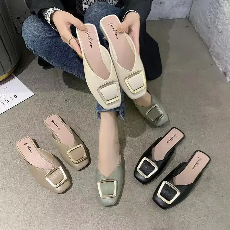 2024 New Fashionable Women's Half Slippers With Buckle Large Heel Soft Bottom Anti-Slip Outer Wear Increased Plastic Comfort Sli