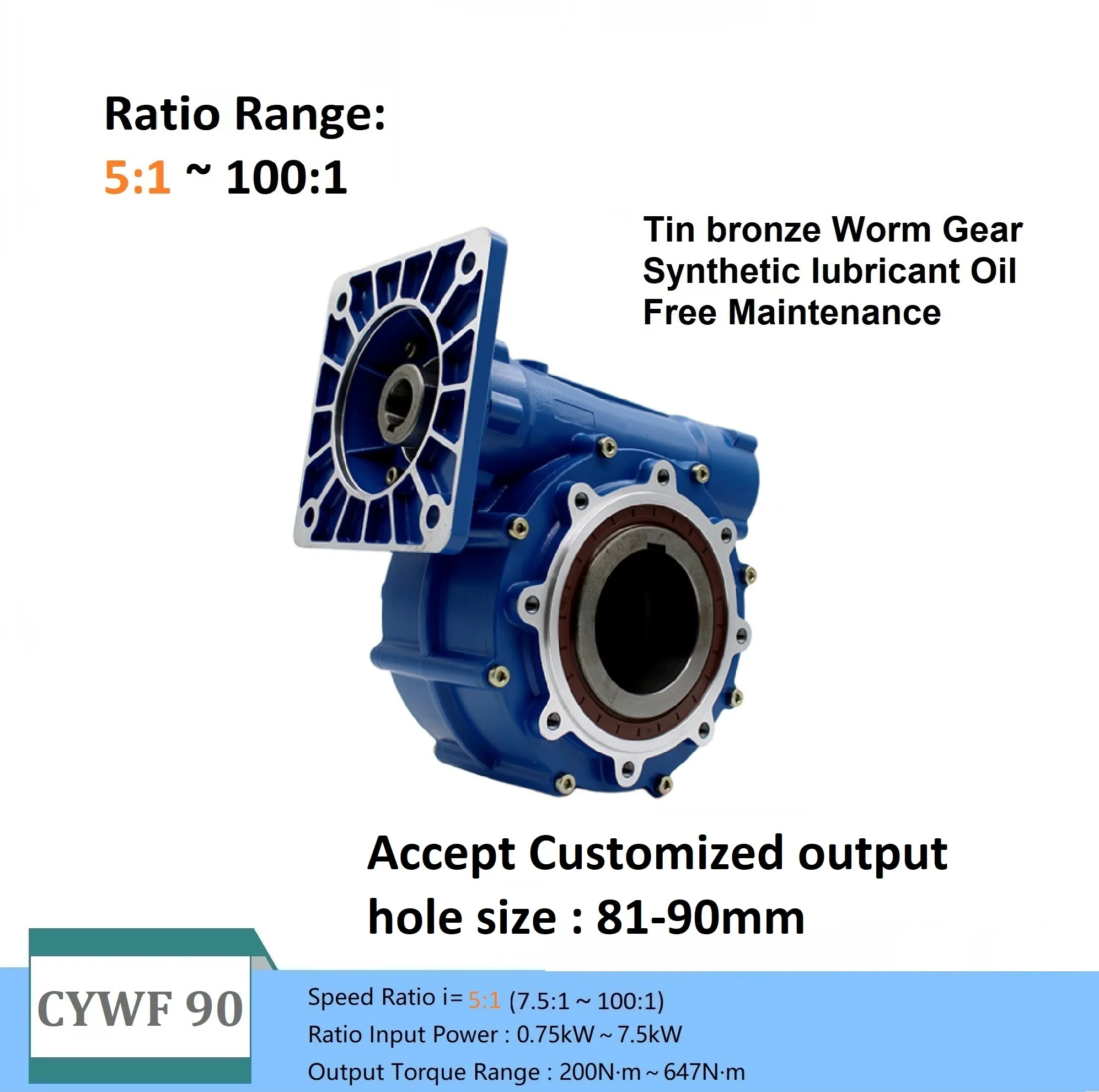 Worm Gearbox Worm Gear Reducer CYWF90 output hole 90mm Input 35 Ratio 5:1/100:1  200-647N.m 0.75-7.5Kw motor Free Maintenance