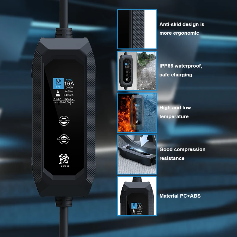 evsow Tragbares EV-Ladegerät Typ2 3,5 kW 16 A einphasiges Elektroauto-Ladegerät, einstellbarer Strom und eingestellte Ladezeit EVSE Wallbox