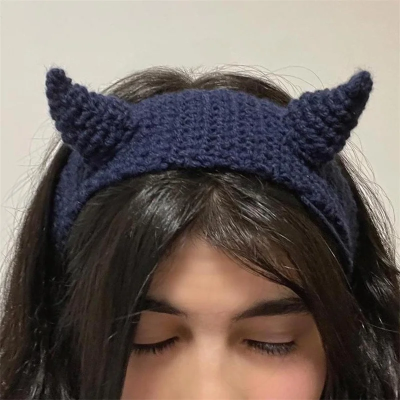 Horn embellished headband Handmade crocheted Fashion Cute Creative Fix hair headband cat ears decoration Ear protection headband