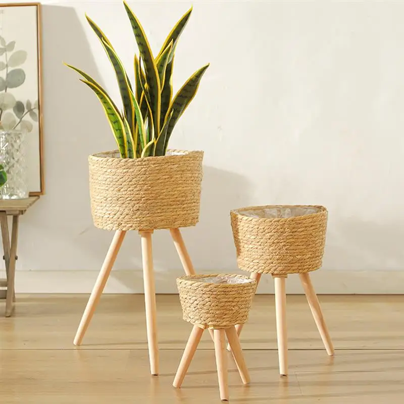 Wood Woven Plant Pot On Standing Legs Household Planter Pot Basket Wood Flower Basket Weaving Flowerpot Storage Basket