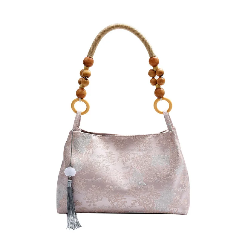 2024 New Bag Women's New Chinese Style Small and Popular Velvet Embossed Art Chinese Style Wooden Bead Single Shoulder Handbag