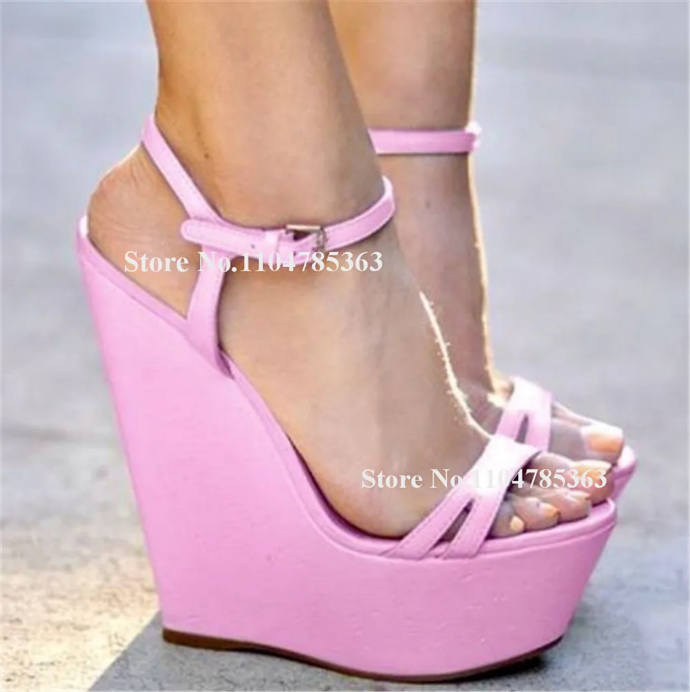 

Элегантные розово-белые матовые кожаные босоножки на танкетке с открытым носком и узкими ремешками, повседневные туфли на высокой платформе на танкетке, большой размер