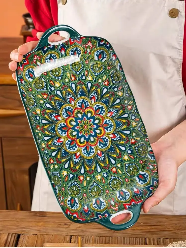 13in Bohemian double-eared fish plate household steamed fish plate large rectangular fish serving plate ceramic vegetable plate