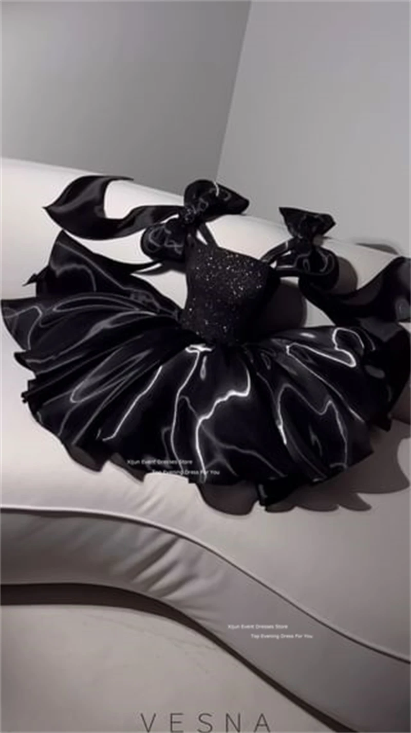 Xijun Black Glitter Short Evening Dresses Bow Straps A-Line Mini Prom Dresses Sweetheart Formal Prom Gowns Customized 2025 image 2