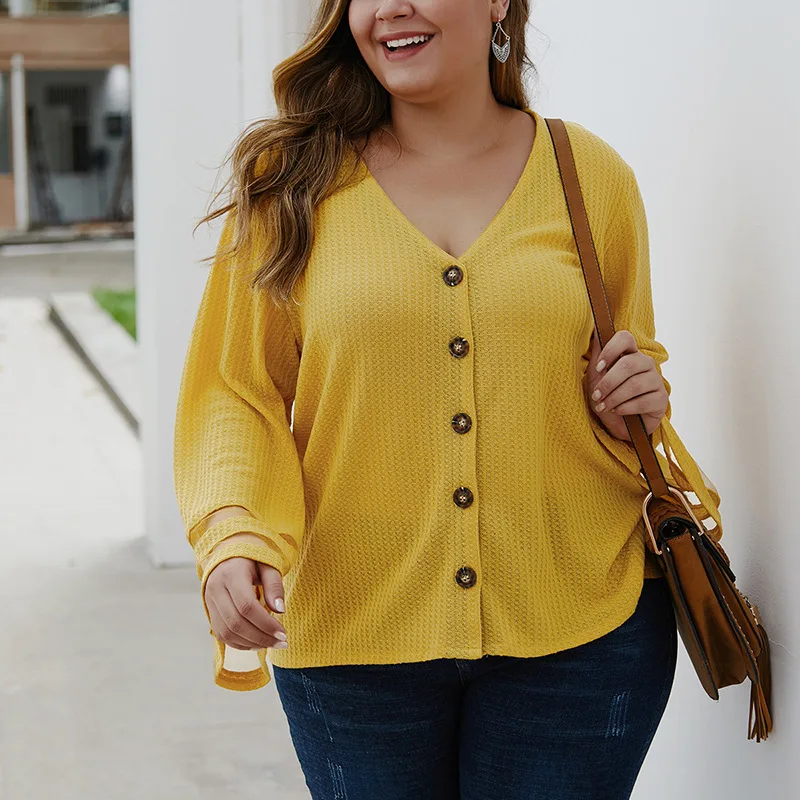 

Autumn plus size ladies casual sweater 5XL 6XL 7XL fashion thin stitching knit V-neck button sweater