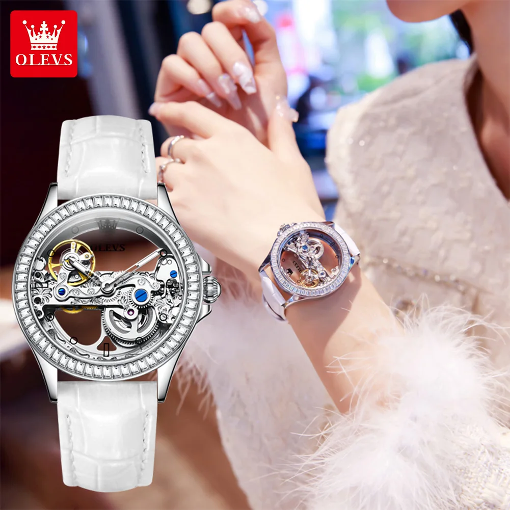 OLEVS 6699 Luxury Automatic Mechanical Women's Dress Watch Big Dial Luminous Leather Strap Wristwatch for Lady