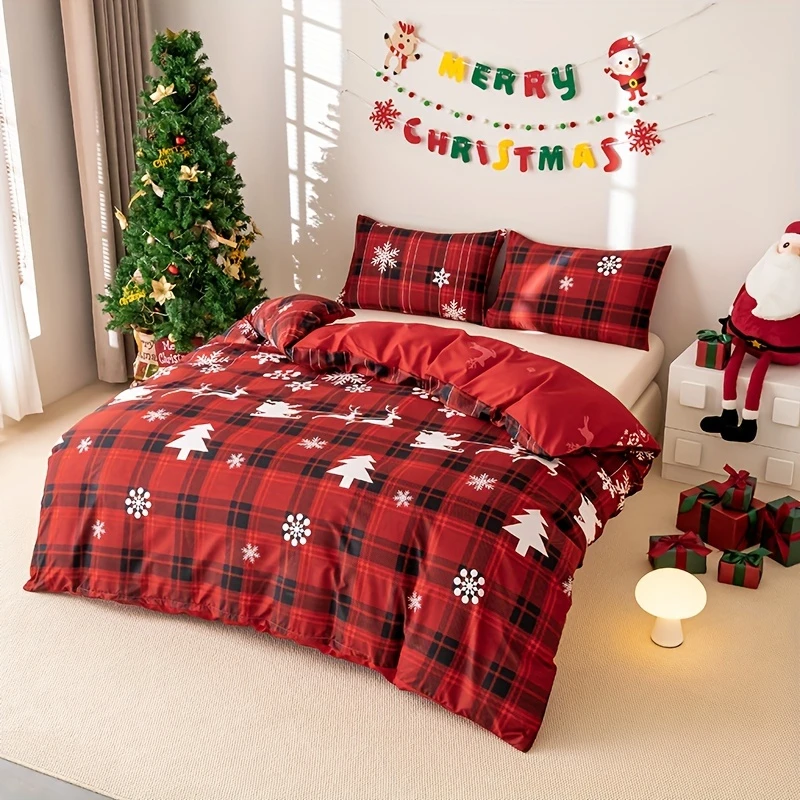 

Festive Christmas Plaid Duvet Cover Set with 2 Pillowcases Zip Closure Active Print No Filling Perfect for Seasonal Decorating