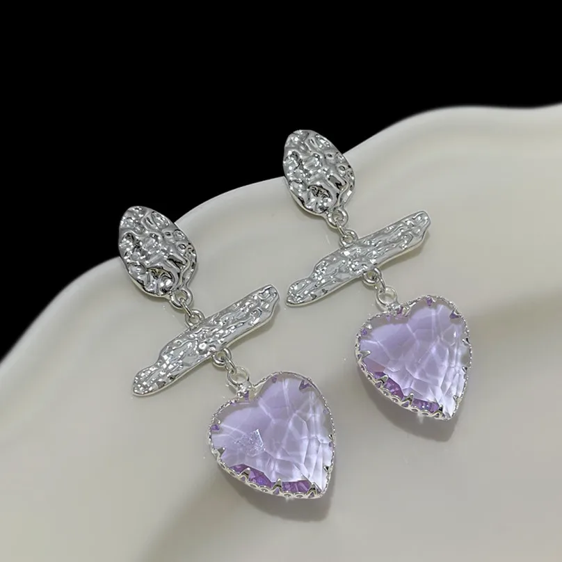 

Fashion Purple Zircon Heart Pendant Drop Earrings For Women Silver Color Bridal Wedding Engagement Party Jewelry Christmas Gifts