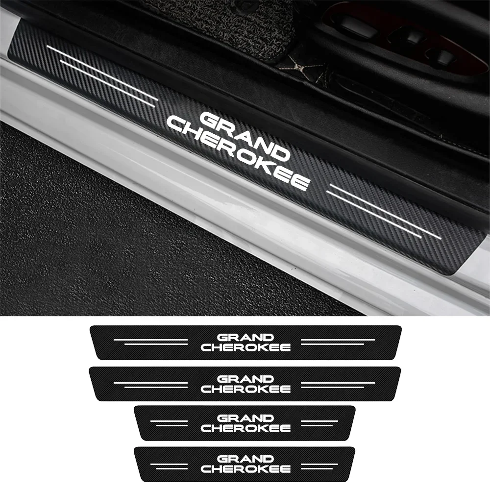 4PCS Car Logo Door Sill Scuff Plate Decor Carbon Fibre Stickers For Jeep Grand Cherokee ZJ WJ WL 1993 1994 1995 - 2019 2020 2021