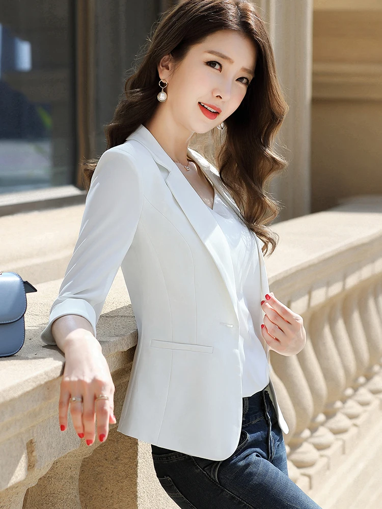 

Белый повседневный тонкий жакет-блейзер для женщин, весна-лето, новинка, однотонный, из полиэстера, для офиса