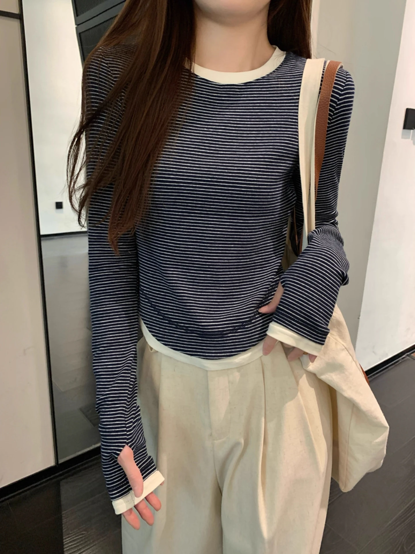 Slim Fit ort Sve Damen T-Shirt Farbe Blo Gestreiftes Design Long Sve rund Ne Base irt Autumn Faion Sensation