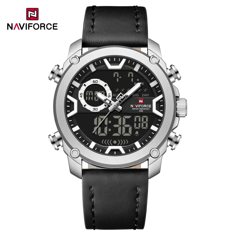 New NAVIFORCE Super Cool Style Men's Wristwatch Dual Display Time Genuine Leather 3ATM Waterproof Alarm Clock Mode Boys' Watch