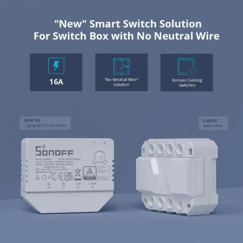 SONOFF MINIR3 / S-MATE WiFi Smart Switch 16A No Neutral Wire eWeLink Wireless Remote Control Works with Alice Alexa Google Home