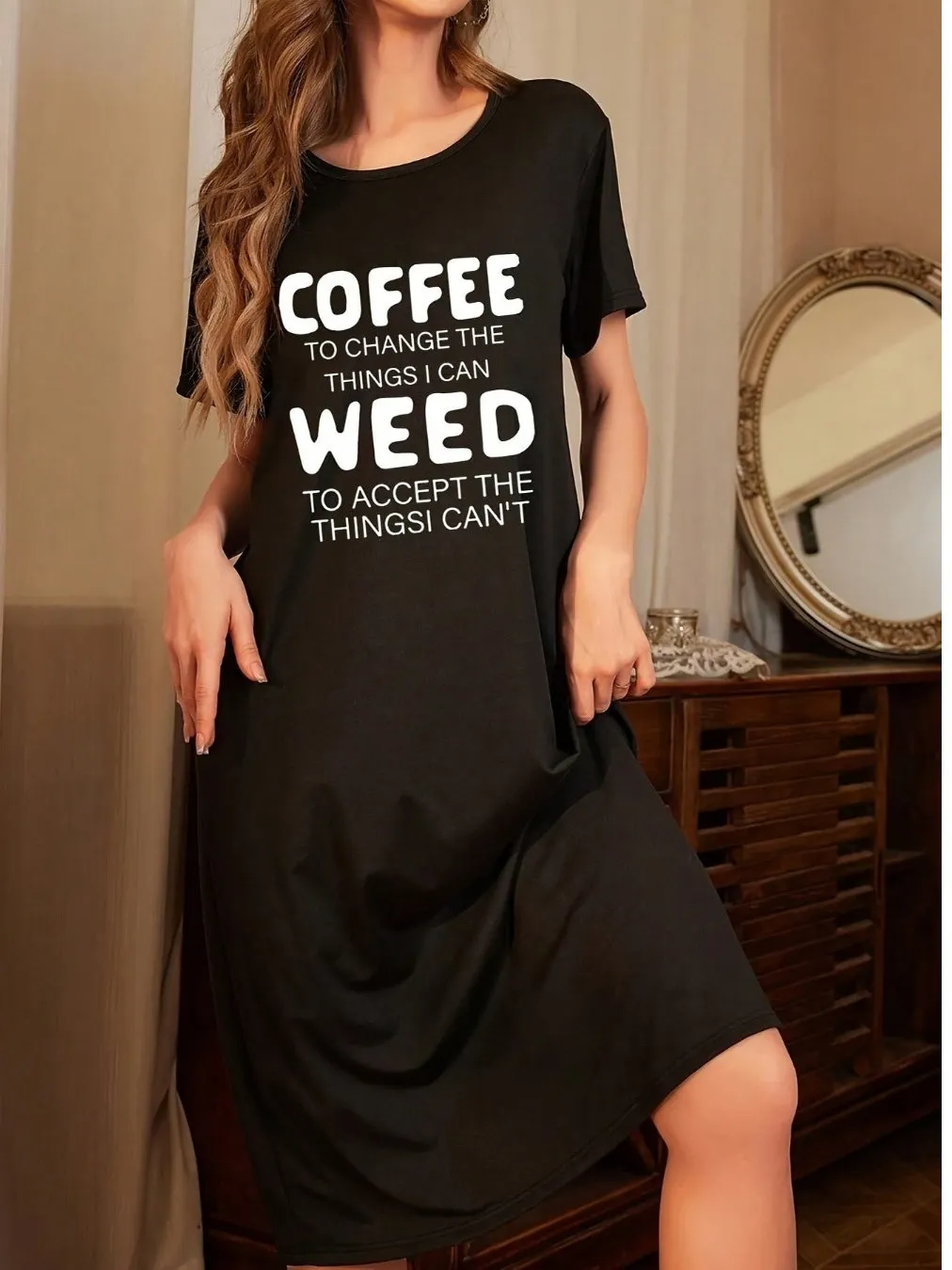 Été nouveau rond Ne lettre imprimer ample décontracté Midi Svel t-shirt Dr femmes trajet Sle Polyester fibre longue jupe