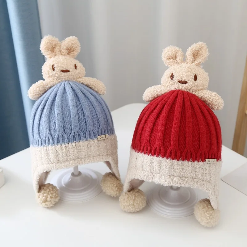 

Thick Velvet Children Ear Protection Cap Cute Rabbit Kids Knit Hat Cartoon Baby Plush Beanie 6-36Month Winter Warm Earflap Hat