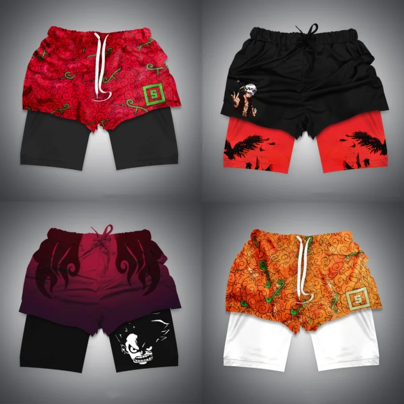 Anime Bilayer Gym Shorts Men One Piece Luffy Zoro3D Pattern Print 2 In 1 Quick Dry Breathable Sports Training Compression Shorts