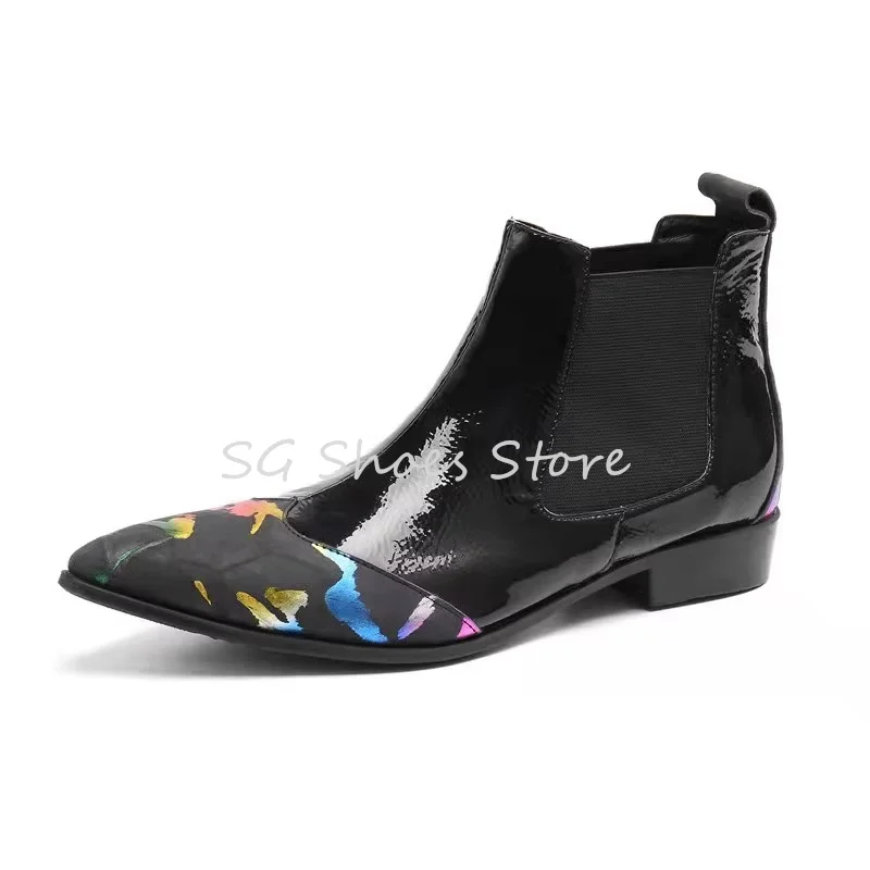 

Pointed Toe Chunky Heel Chelsea Boots Male Party Dress Shoes Fashion Mixed Color Graffiti Prints Splicing Leather Shoes for Men