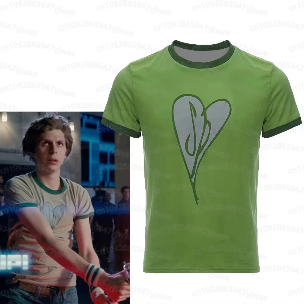 Scott Pilgrim Cosplay Costume Green Heart Printed Tee Yellow Plumtree T-Shirt Halloween Casual Short Sleeve Top Men/Kids TShirt