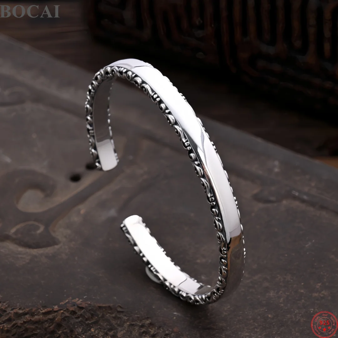 BOCAI  S925 Sterling Silver Charms Bangle for Men Women Antique Relief Eternal Rattan Pattern Punk Bracelet Fine Choice Jewelry