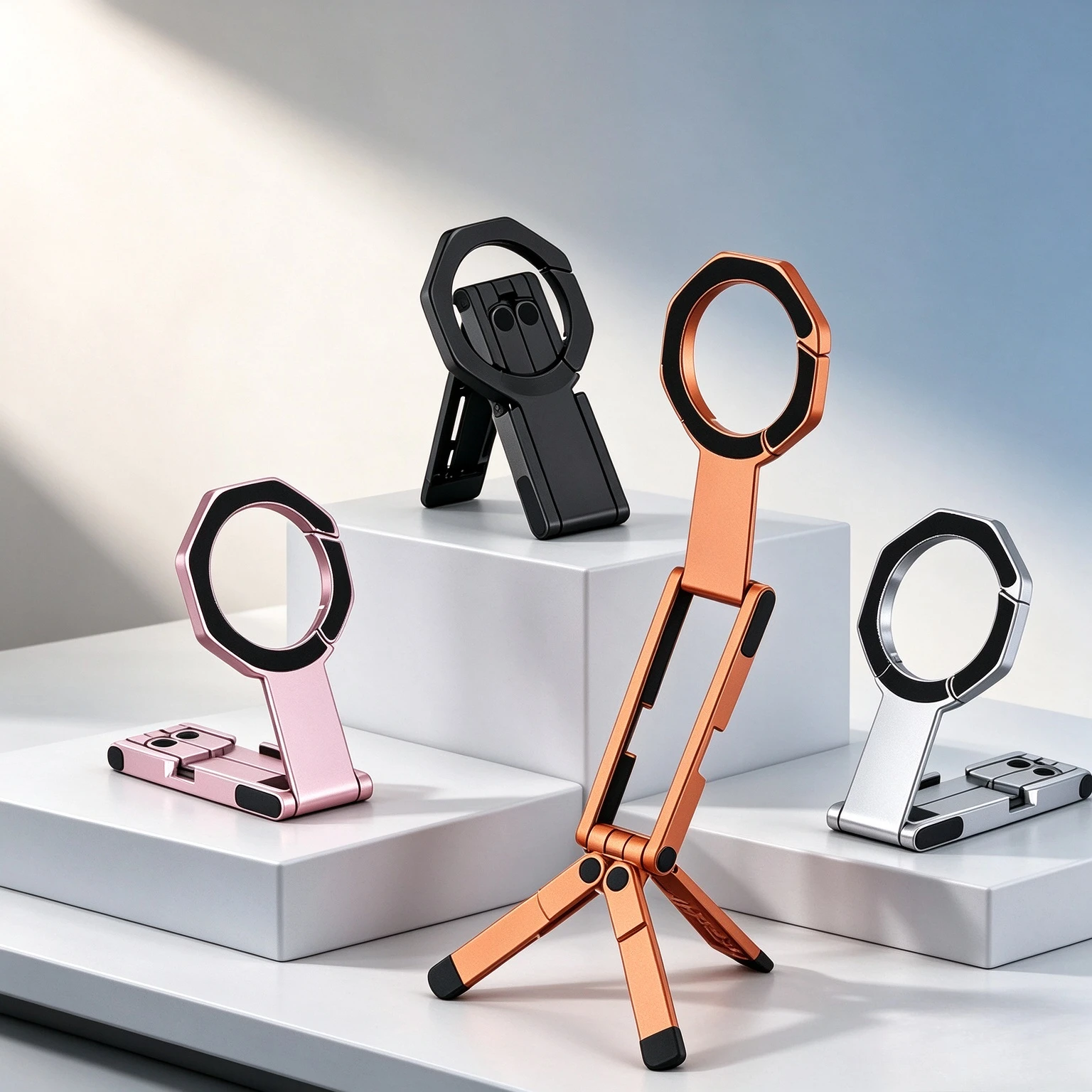Double Sided Magnetic Phone Tripod Stand, Compact Multi Angle Holder with Hidden Hook for Video Recording, Streaming or Viewing