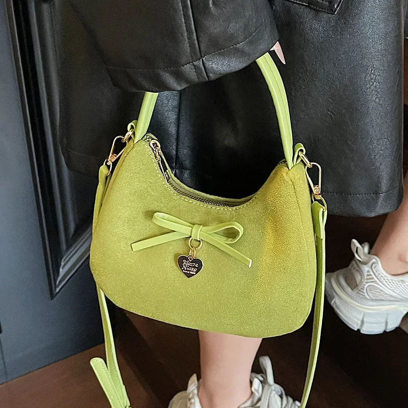 

Retro Faux Suede Women's Handbag Autumn New Korean Style Bow Frosted Fashion Crossbody Bags Zipper Sequined Commute Underarm Bag