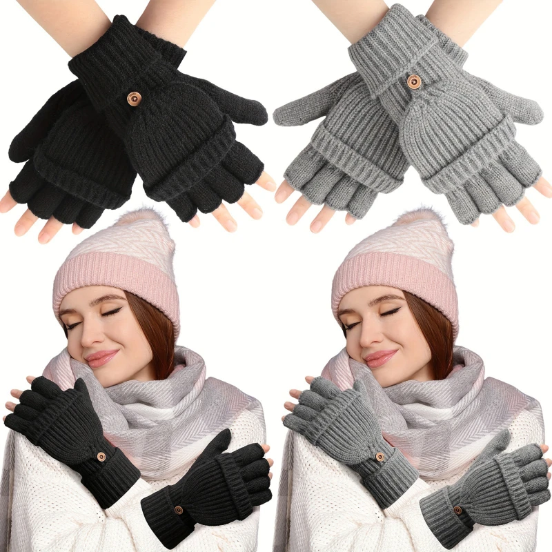 1 Pair Half Finger Flip Knitted Gloves Winter Thicken Warm Touch Screen Gloves For Men And Women Warm Half Finger Student Gloves