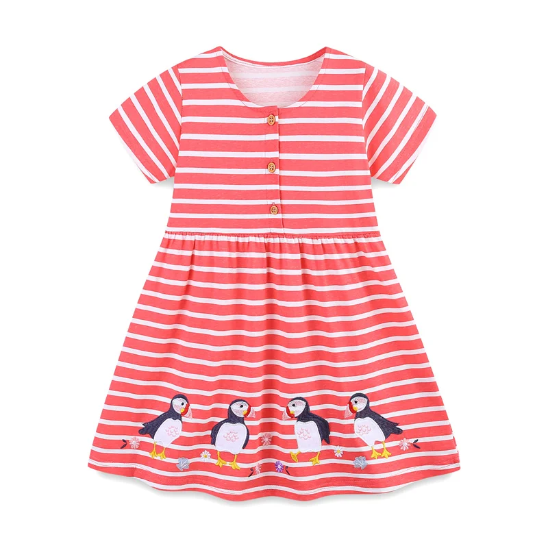 

Jumping Meters 2-7T Summer Girls Dresses Animals Embroidery Striped Short Sleeve Buttons Children's Clothes Toddler Wear