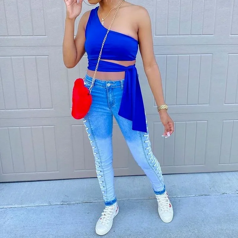 Side Bandage Jeans High Waist Pencil Denim Blue Vintage 2022 Street Fashion Indie Harajuku Skinny Pants Lace-up Pants Streetwear