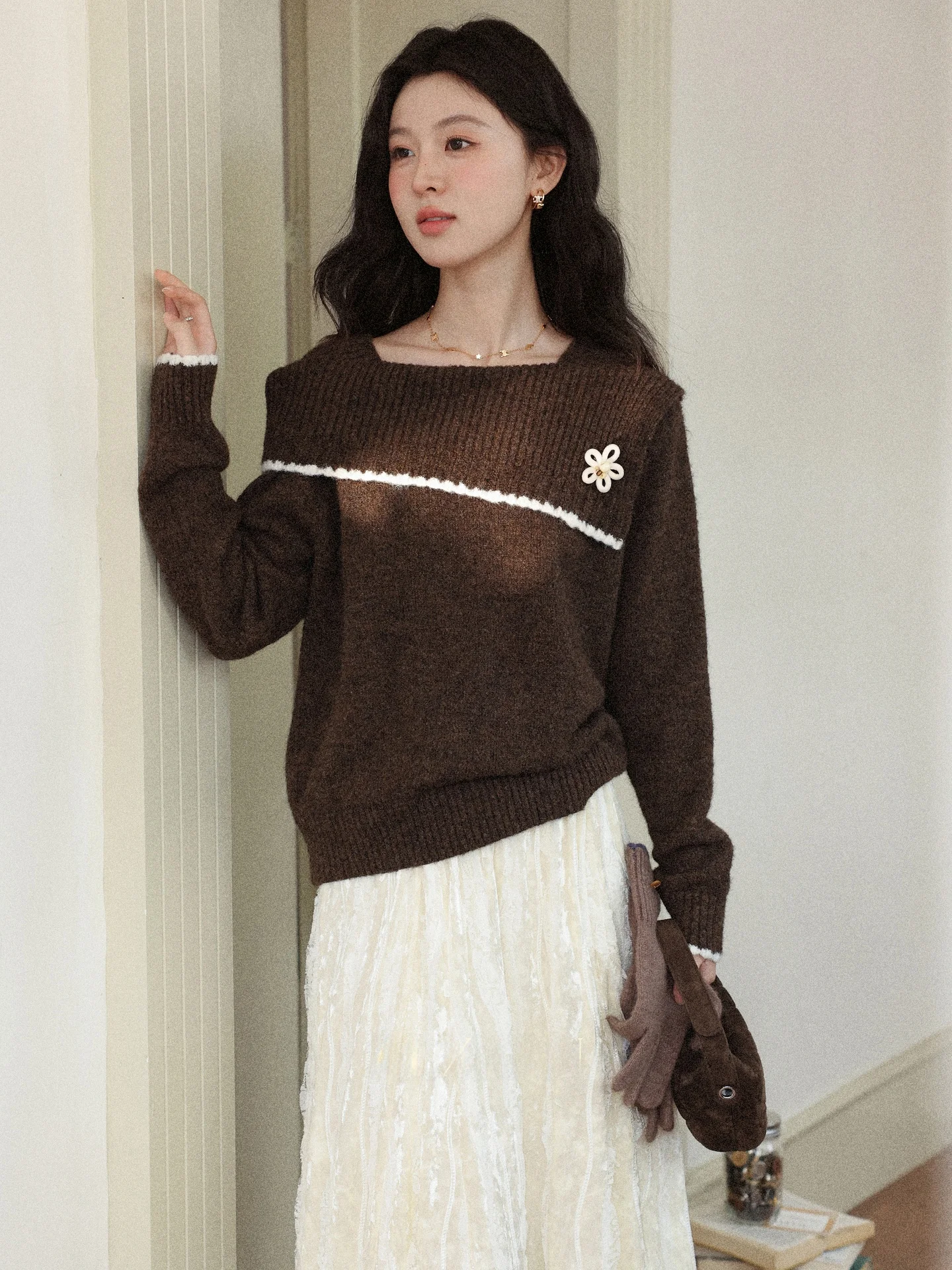 

Свободный женский вязаный свитер с длинными рукавами кофейного цвета, дизайнерский, осенне-зимний, новый, винтажный, с кофейным дизайном