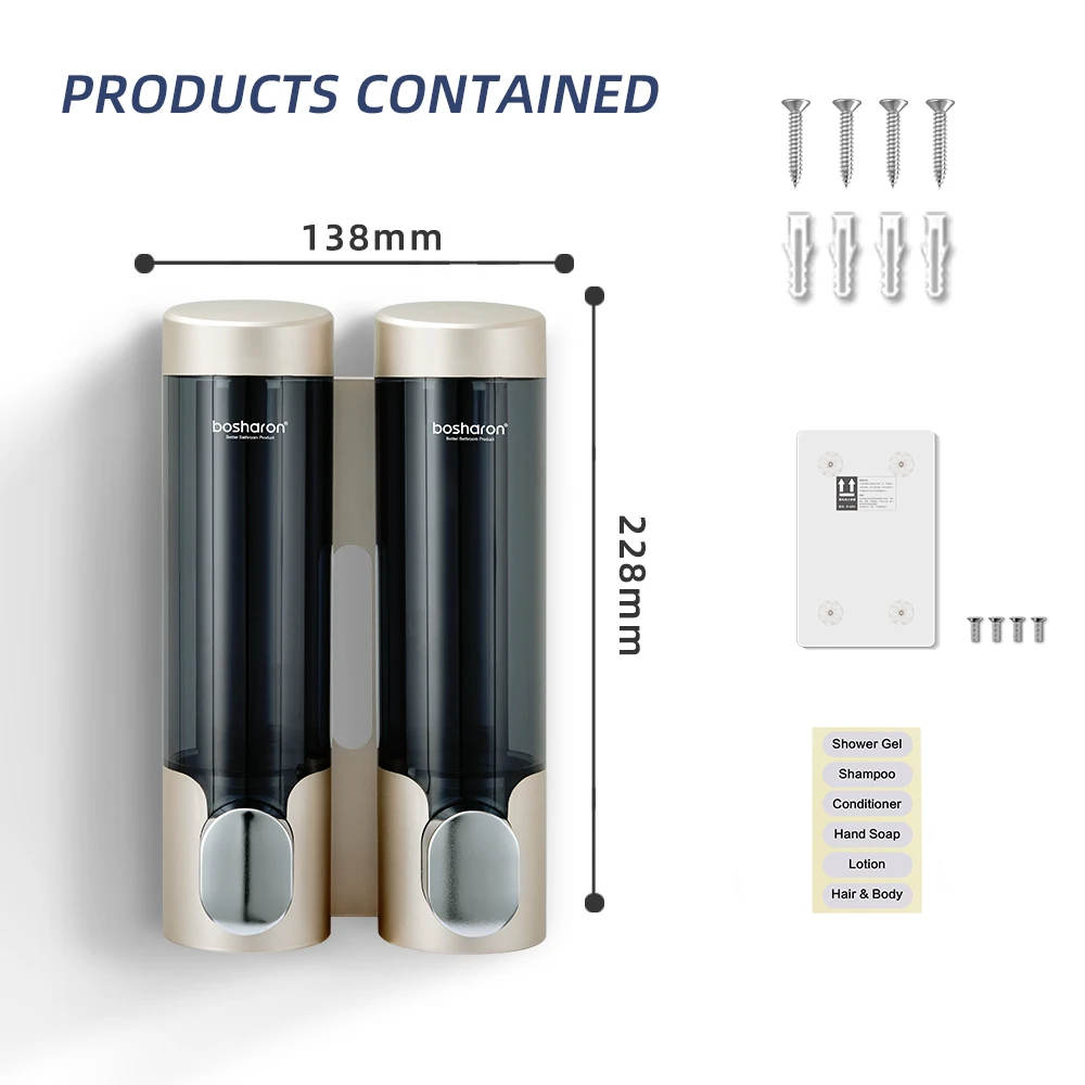 Manueller Flüssigseifenspender für Badezimmer, 320 ml x 2 in 1, Doppelflasche, ABS-Kunststoff, Wandmontage, Dusch-Shampoo-Spender, Fabrik nach Maß