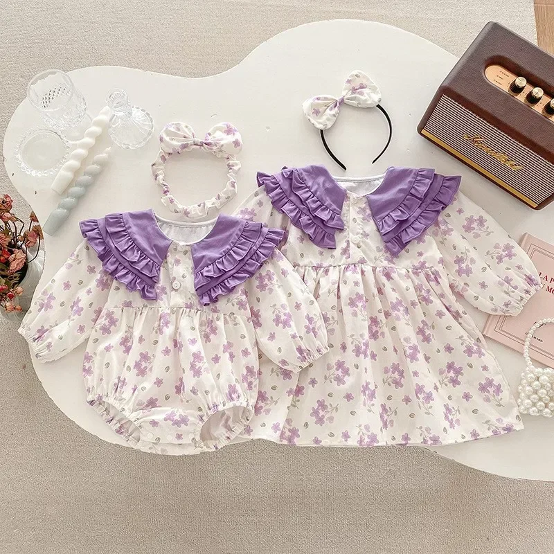 2024 Baby Girls Cotton Purple Printed Dress/Romper+Headwear,Sister Wear Sweet Lace Collar Birthday Princess Clothes Kids Vestido