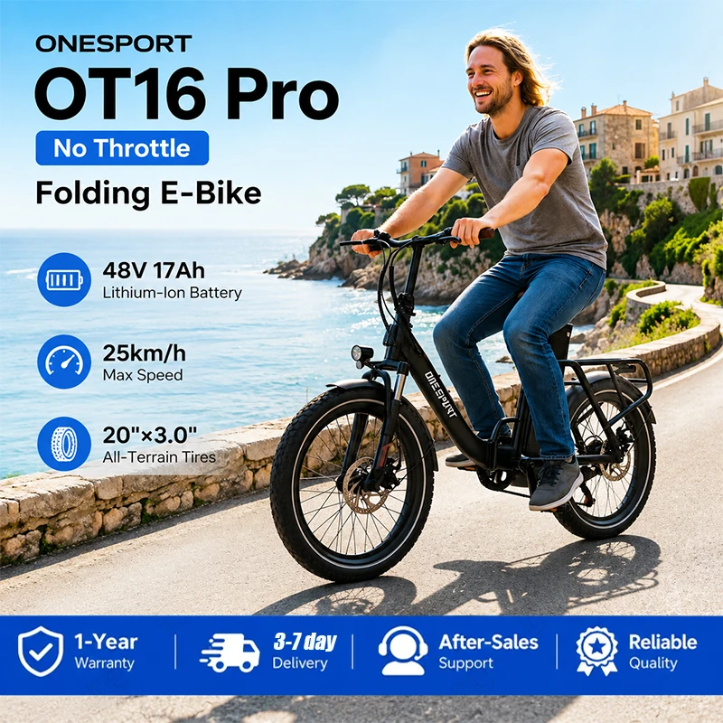 ONESPORT OT16 Pro No Throttle Klapp-E-Bike, 250W Motor, 48V17Ah Lithium-Batterie, 90 km Reichweite mit Pedalunterstützung, 25 km/h Höchstgeschwindigkeit, 20"×3.0" All-Terrain-Reifen,