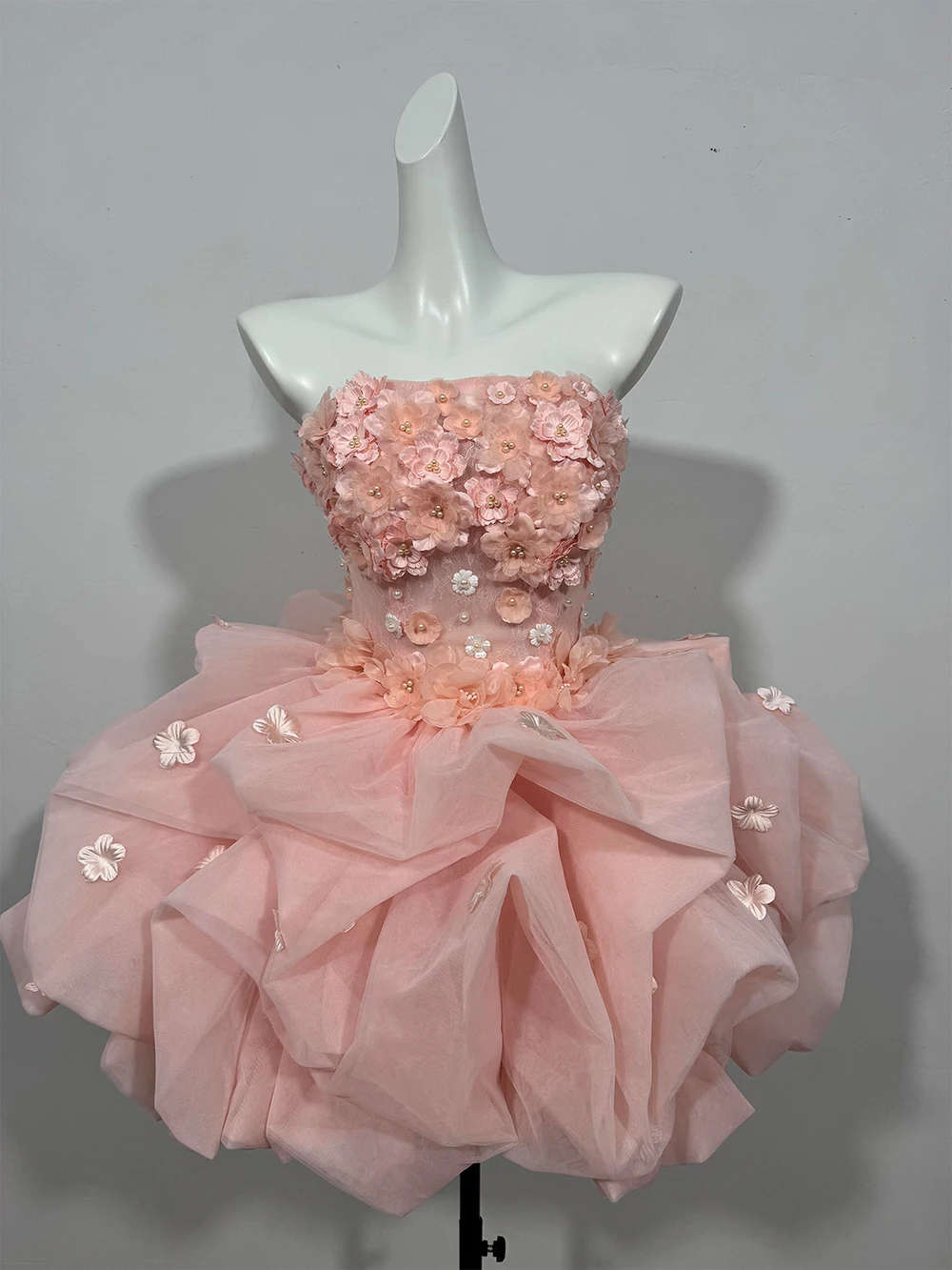 Modphy 2026 New Pink Strapless Splicing Applique Ball Gown Women Lace-up Elegant Evening Prom Birthday Party Mini Dresses