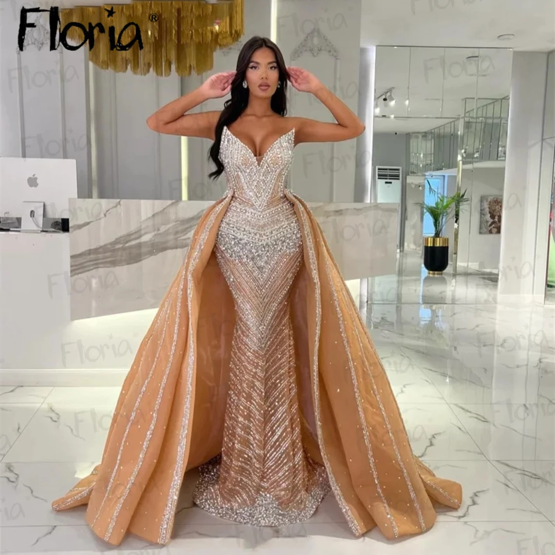 Dubai Heavy Champagne 2 Pieces Evening Dresses Detachable Train Wedding Party Gowns For Women Bespoke Occasion Dresses Luxury